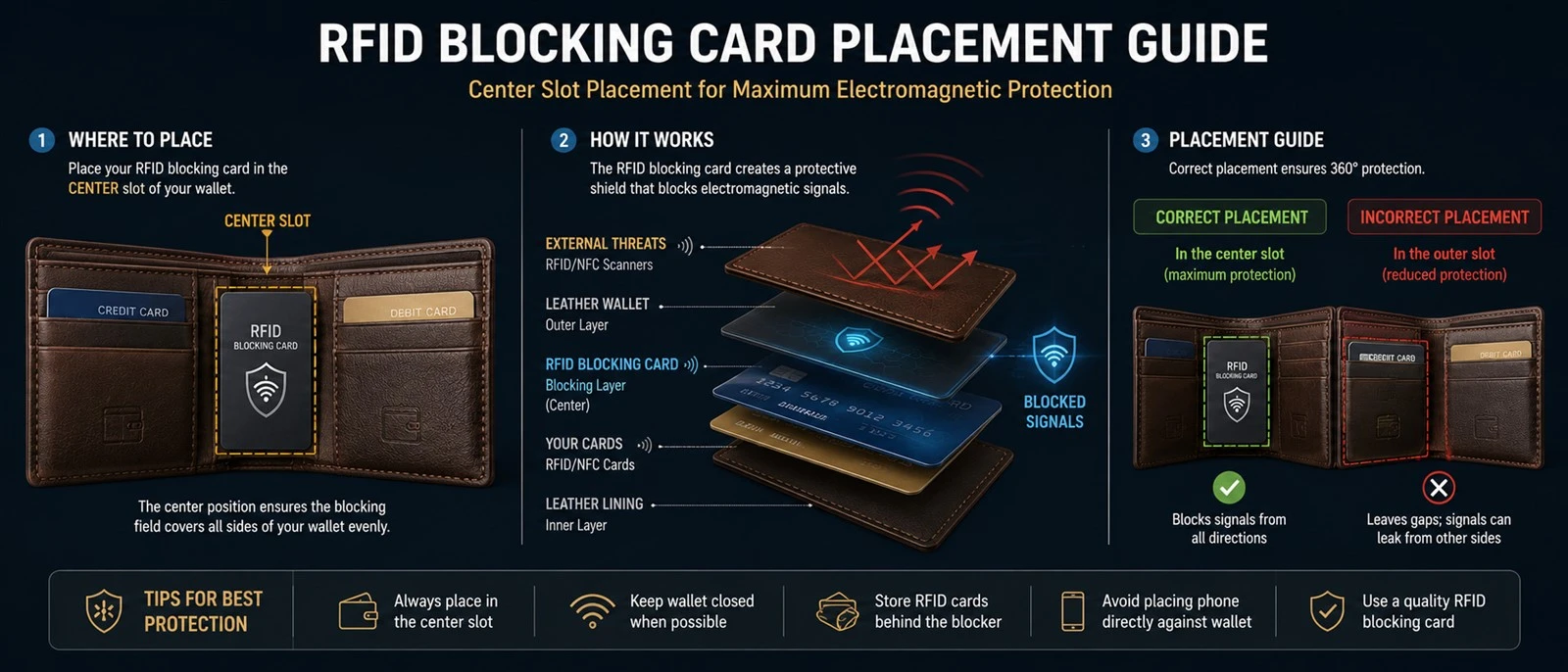 rfid blocking card placement wallet guide showing accurate positioning in the center slot of a leather bifold wallet for maximum electromagnetic protection rfid blocking card placement wallet guide showing accurate positioning in the center slot of a leather bifold wallet for maximum electromagnetic protection
