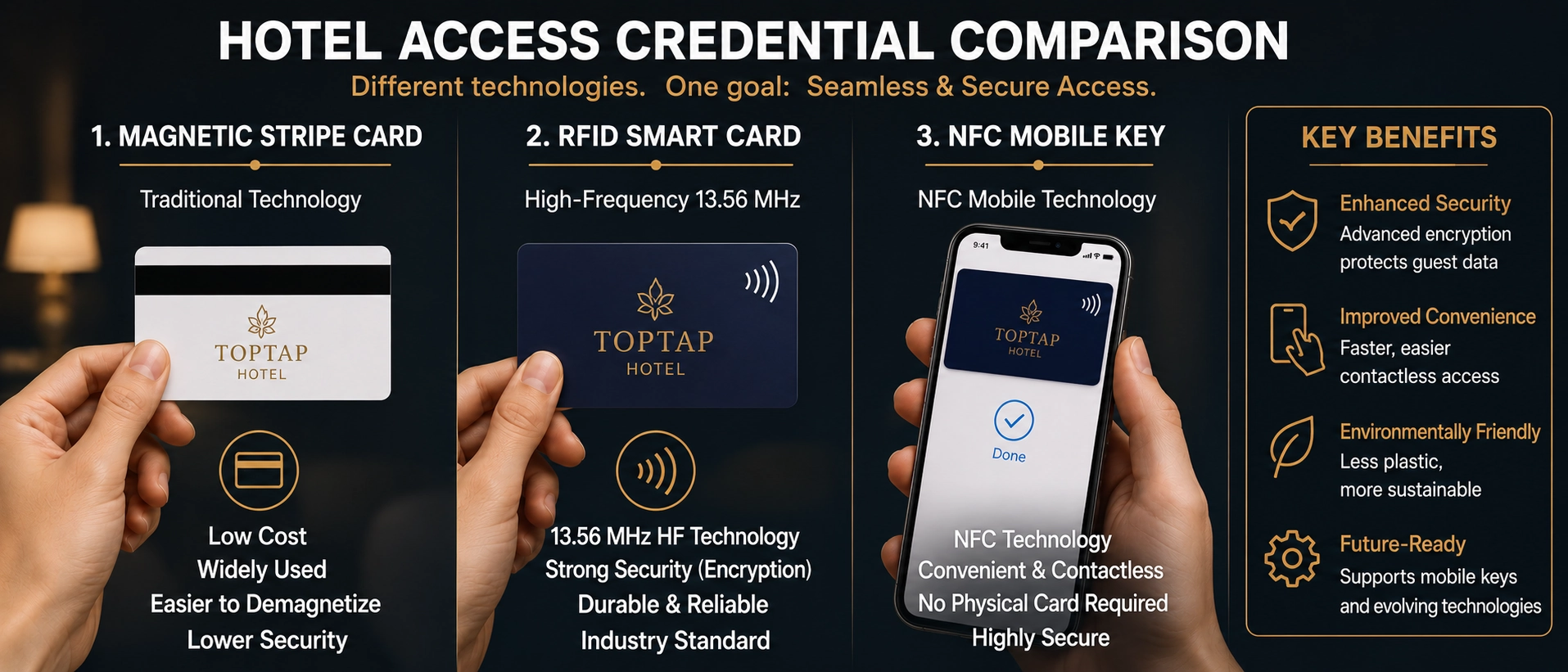 Comparison of hotel access control credentials showing a traditional magnetic stripe key card, a high-frequency 13.56 MHz RFID smart card, and a smartphone utilizing NFC mobile key technology. Comparison of hotel access control credentials showing a traditional magnetic stripe key card, a high-frequency 13.56 MHz RFID smart card, and a smartphone utilizing NFC mobile key technology.