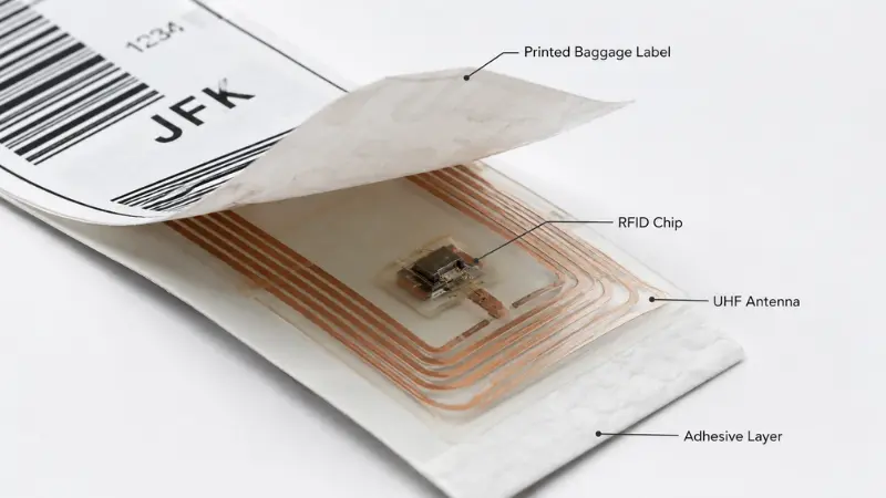 Structure of a UHF RFID luggage tag with chip antenna and printed baggage label 图片文字标识建议: Structure of a UHF RFID luggage tag with chip antenna and printed baggage label 图片文字标识建议:
